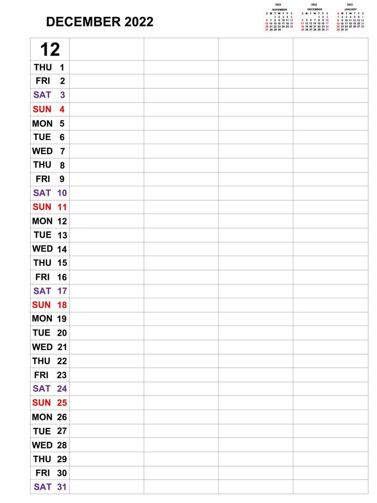 December 2022 , Calendar template design for Business monthly planner and notes. Week starts on Sunday , Monthly planner for 2021 year and Stationery vector design.