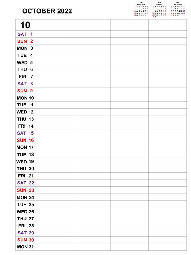 October 2022 , Calendar template design for Business monthly planner and notes. Week starts on Sunday , Monthly planner for 2021 year and Stationery vector design.