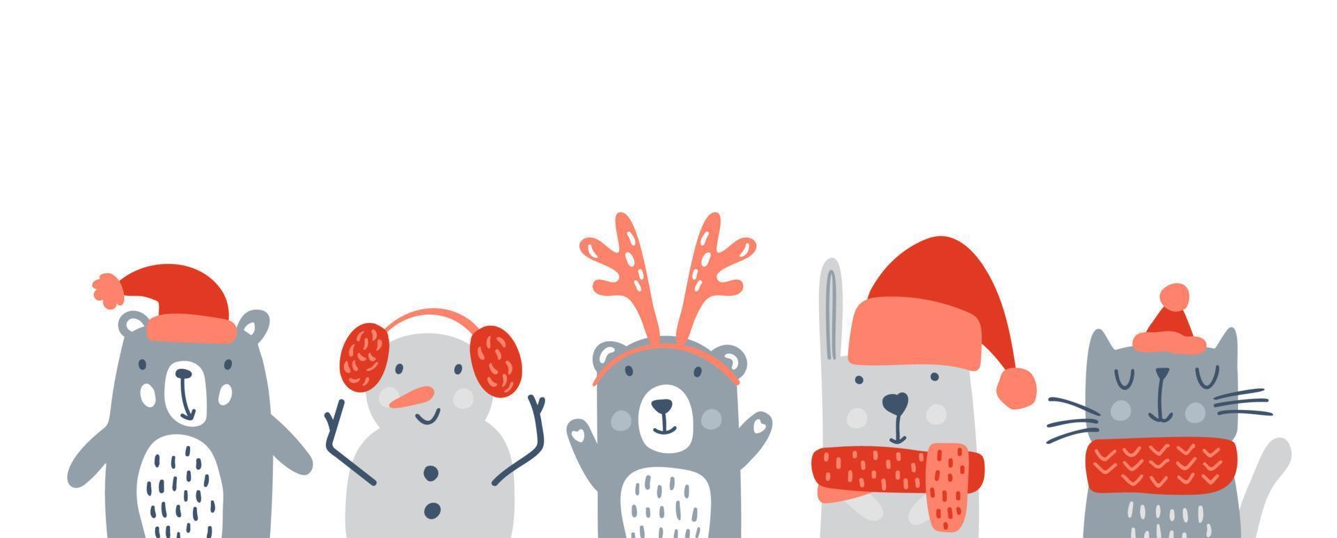 conjunto de niños lindos animales navideños oso, muñeco de nieve lindo conejo y gato. vector ilustración de invierno de bebé para camiseta de guardería, ropa para niños, tarjeta de invitación, cartel. diseño infantil escandinavo simple