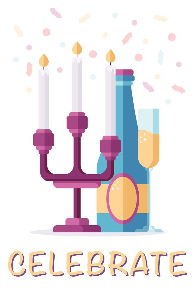 Christmas postcard with a candelabra with candles, a bottle of champagne and a glass of sparkling wine in a flat style isolated on a white background. vector