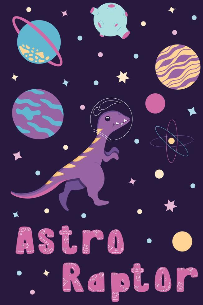 Postcard of astro raptor in a helmet from a spacesuit flies through space, stars and planets. Illustration in a flat style, isolated on a purple background. vector
