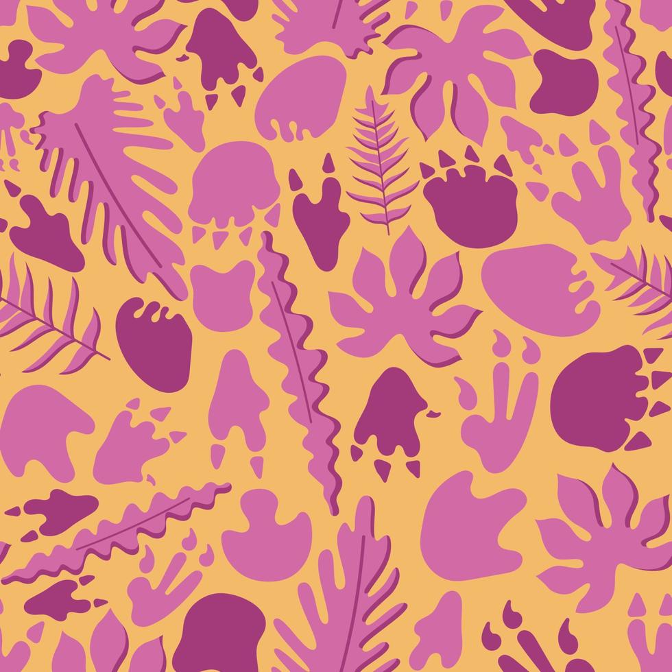 Seamless pattern of jungle leafs, dinosaurs footprint for nursery in a flat style isolated on a yellow background. vector