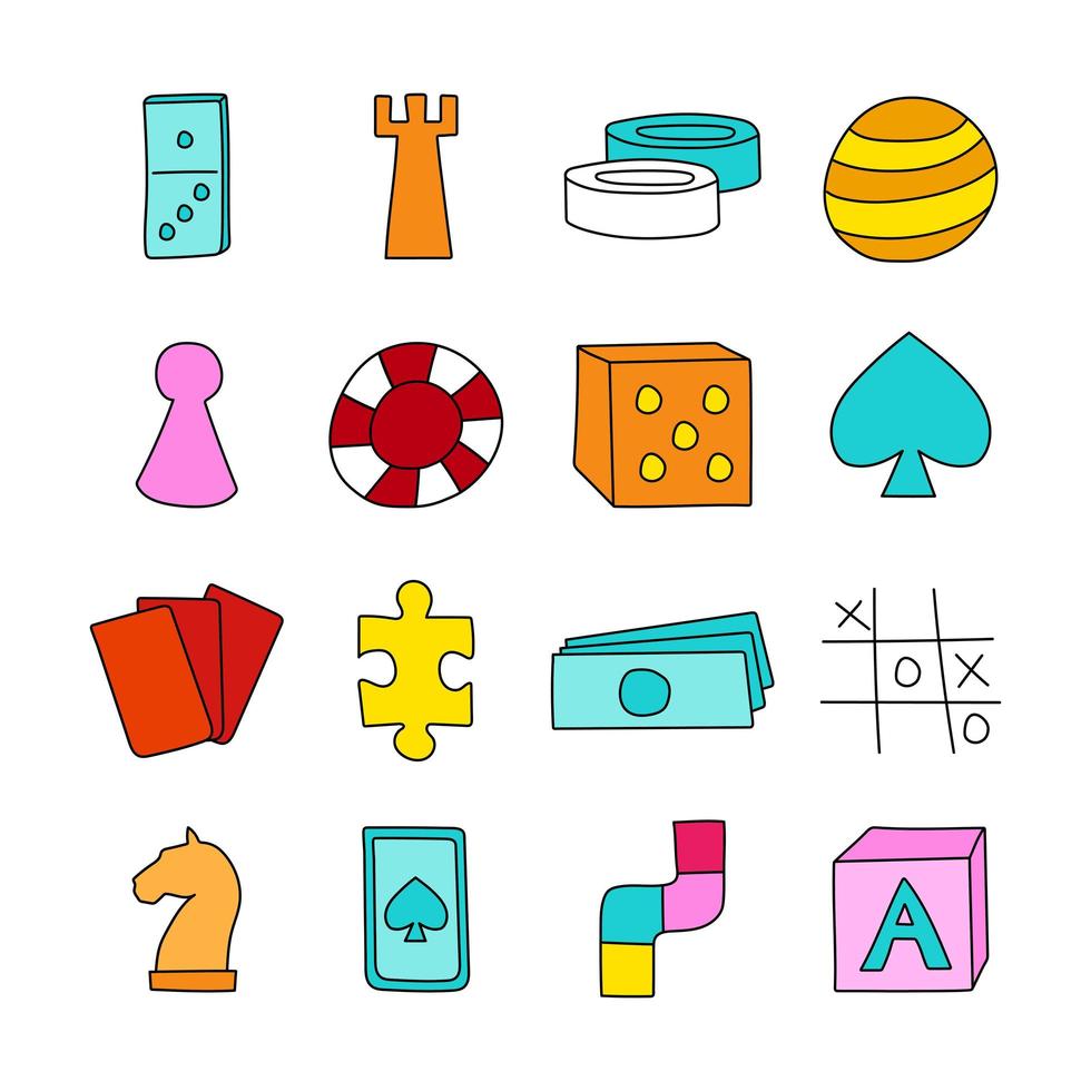 Board game icons in hand drawn cartoon style. Vector illustration.