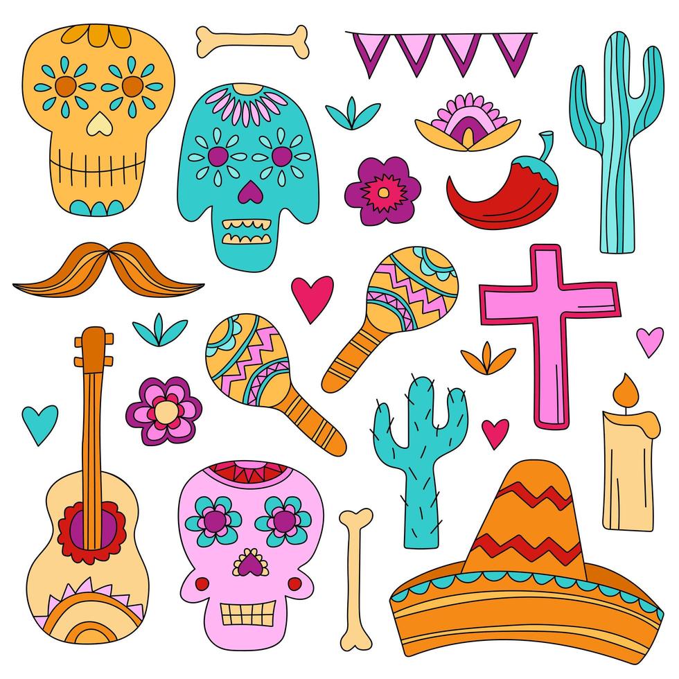 iconos del día de muertos, una fiesta tradicional en méxico. calaveras, flores vector