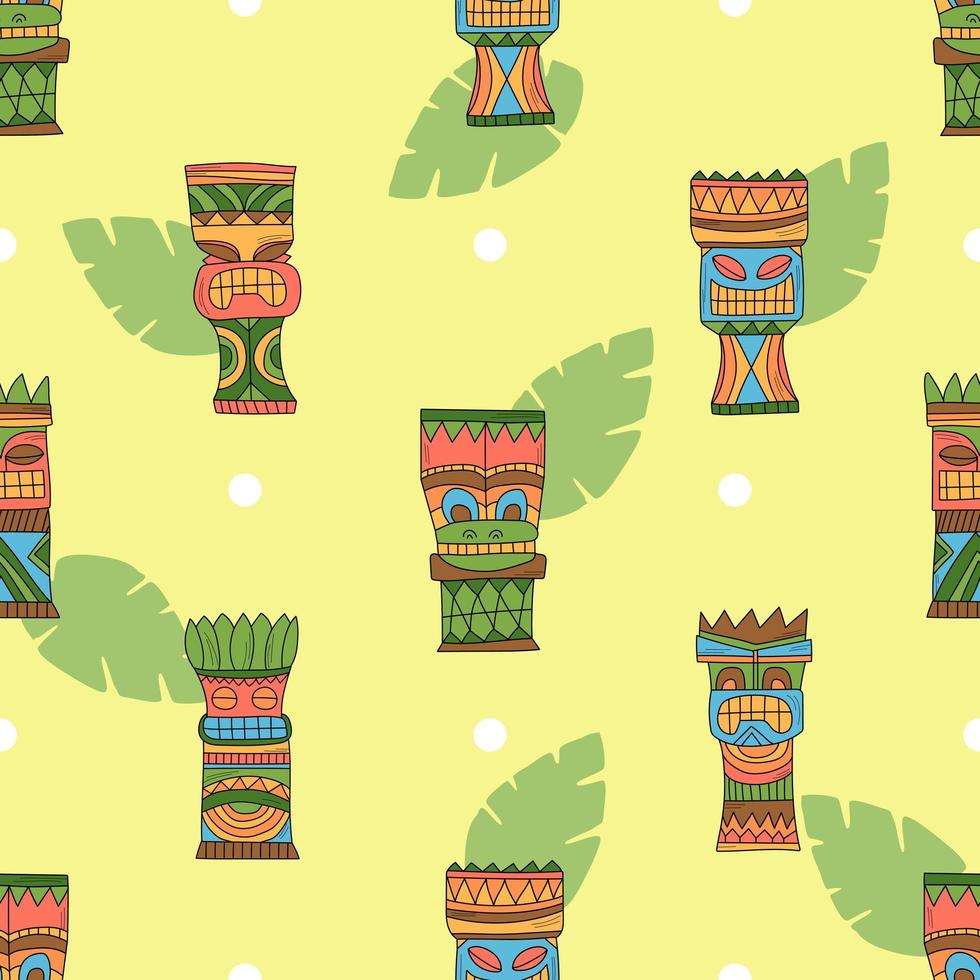 Máscara tiki hawaiana con hojas de palmeras tropicales - patrón sin costuras vector