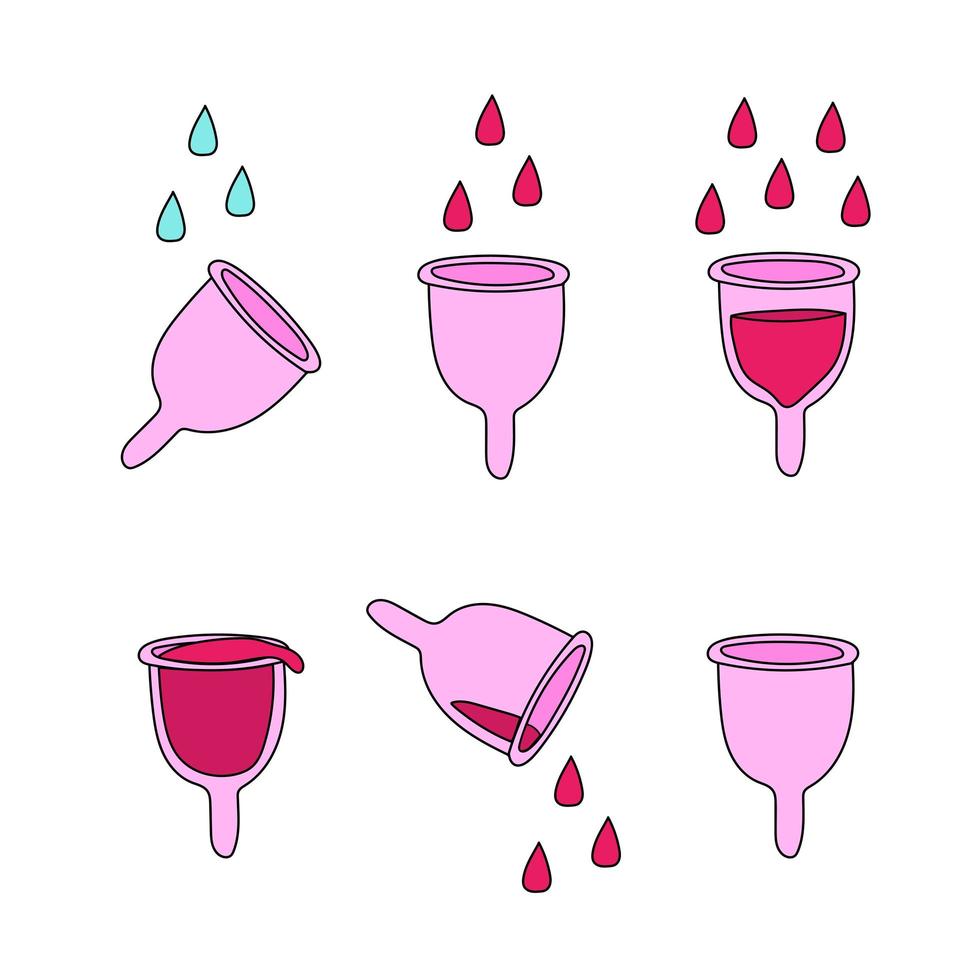 vector de copas menstruales dibujadas a mano. iconos para instrucciones y tutoriales