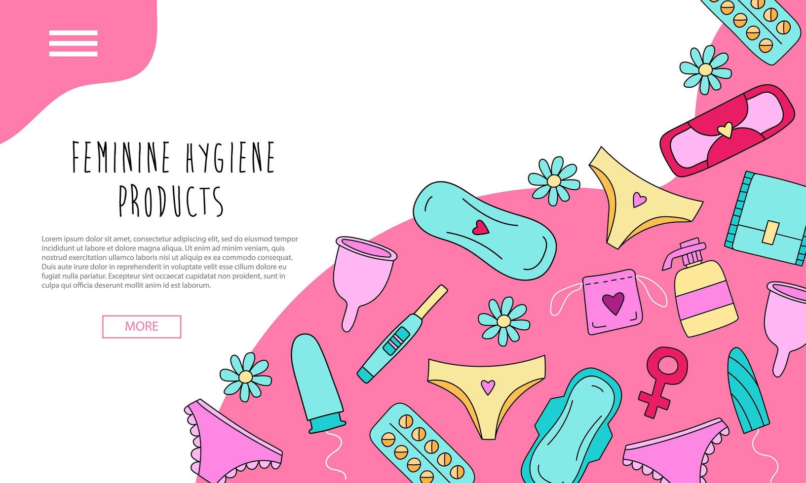 Ontdooien, ontdooien, vorst ontdooien driehoek biografie Hand drawn landing page with feminine hygiene products with colorful  elements 4533538 Vector Art at Vecteezy