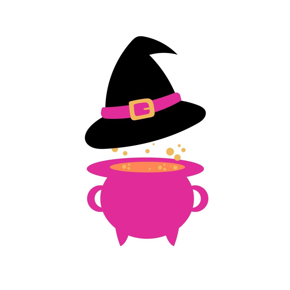 Black witch hat and cauldron in purple and pink colors. Cartoon illustration vector