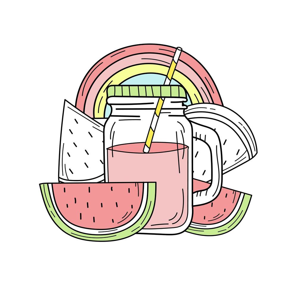 Hand drawn watermelon lemonade in a glass jar. Vector