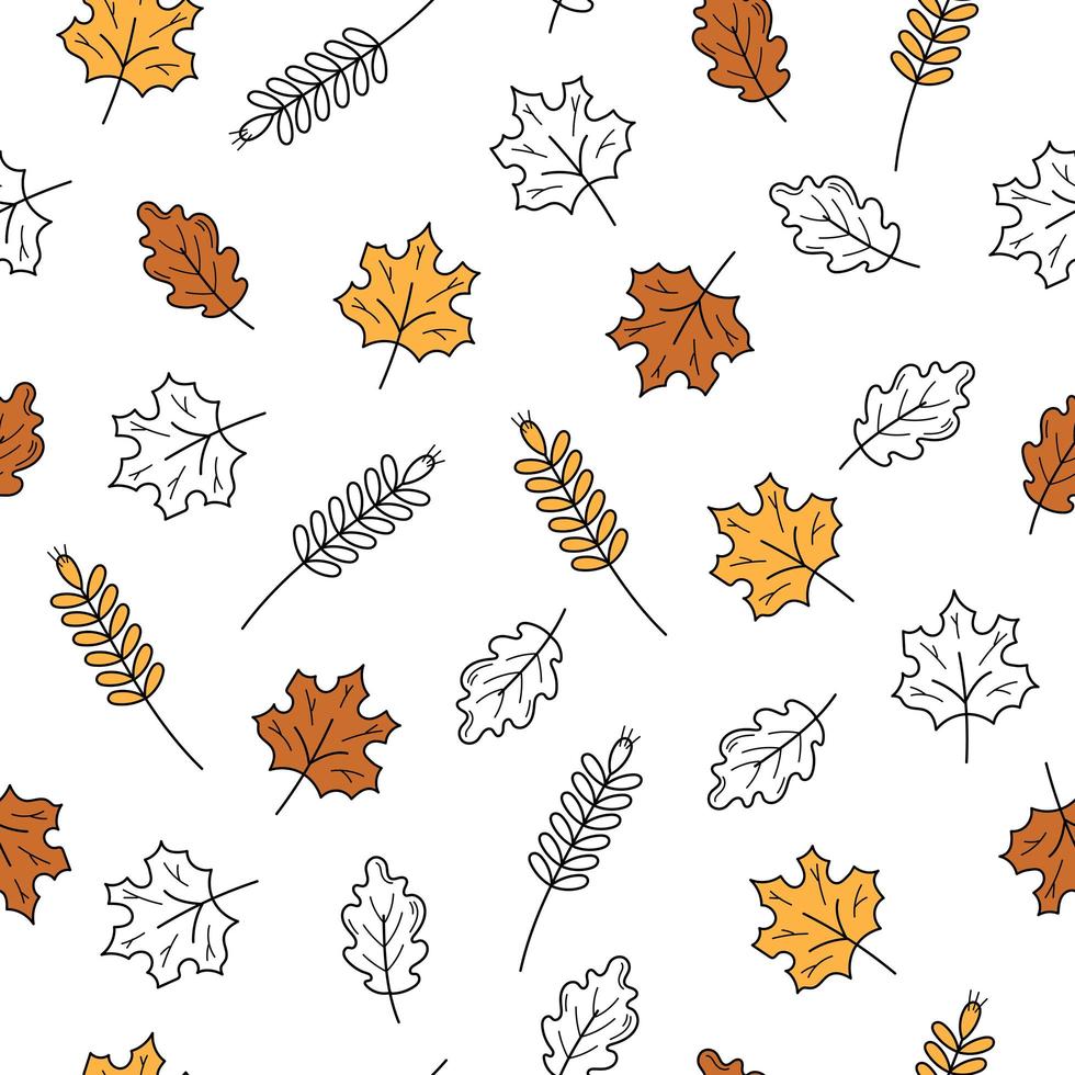 Colored and black and white icons of leaves hand drawn - seamless texture vector