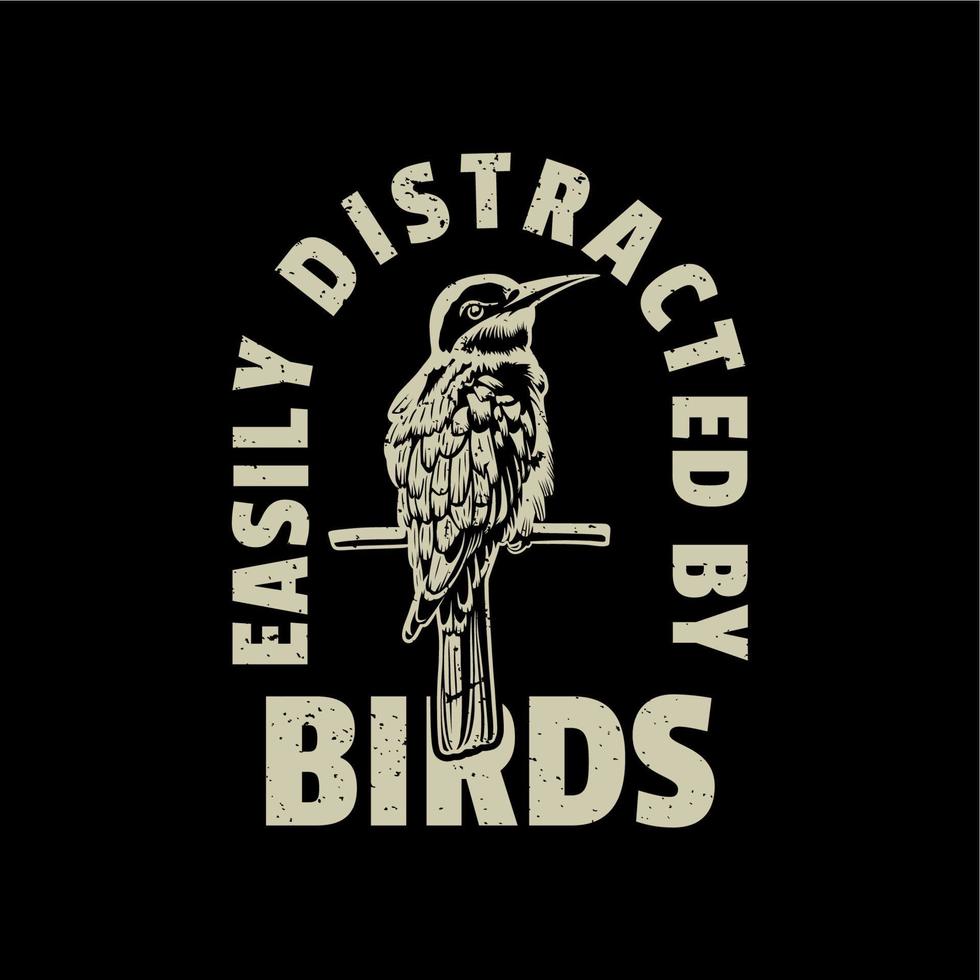 Diseño de camiseta distraído por pájaros con pájaro posado en una rama con fondo negro ilustración vintage vector