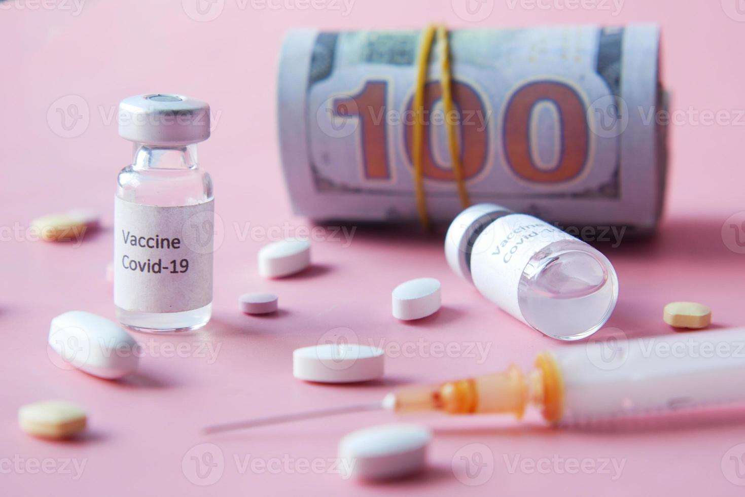 Healthcare cost concept with us dollar, vaccine and pills photo