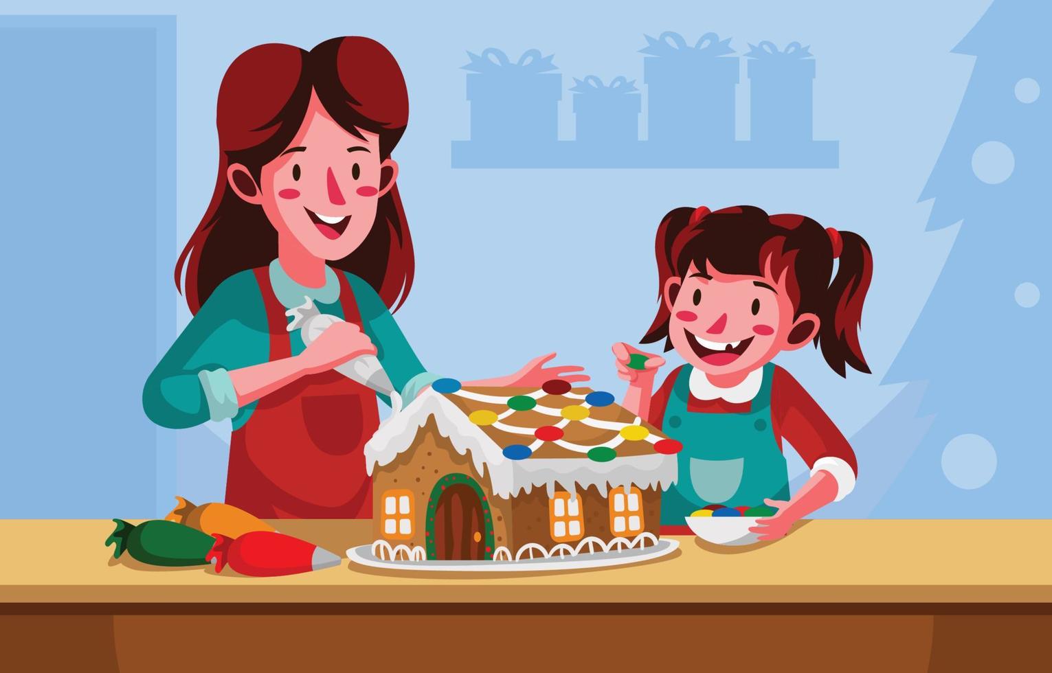 Mother and Daughter Decorate Gingerbread House vector