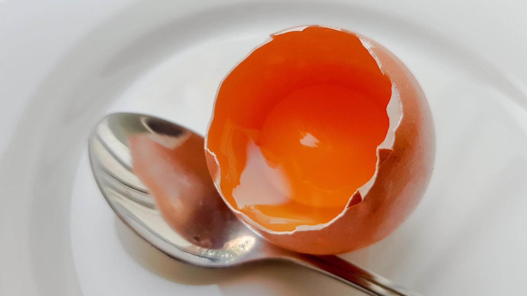 broken chicken egg in a white plate and spoon close-up. background with a broken chicken egg photo