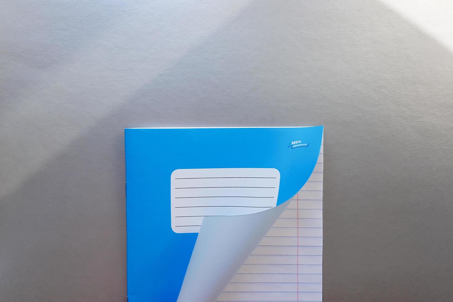 Design concept - Top view of a high quality male hand leafing through a sheet of blue striped notebook. Top view, copy space, flat lay photo