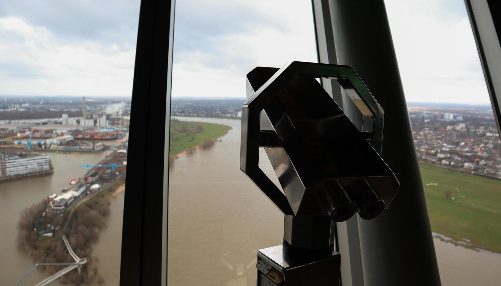 Dusseldorf, Germany - February 20, 2020. Rhine tower with a revolving restaurant. The interior and design of the cafe with a viewing platform inside the television tower in Dusseldorf. photo