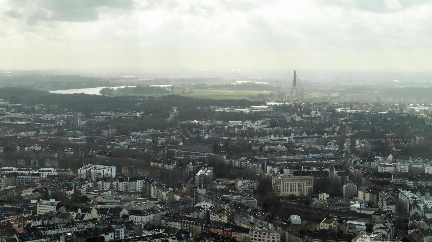 Dusseldorf, Germany - February 20, 2020. Scenic view of the city of Dusseldorf, the embankment of the river and the Rhine. Aerial view of a European city in Germany. Aerial view of a drone. Panorama. photo
