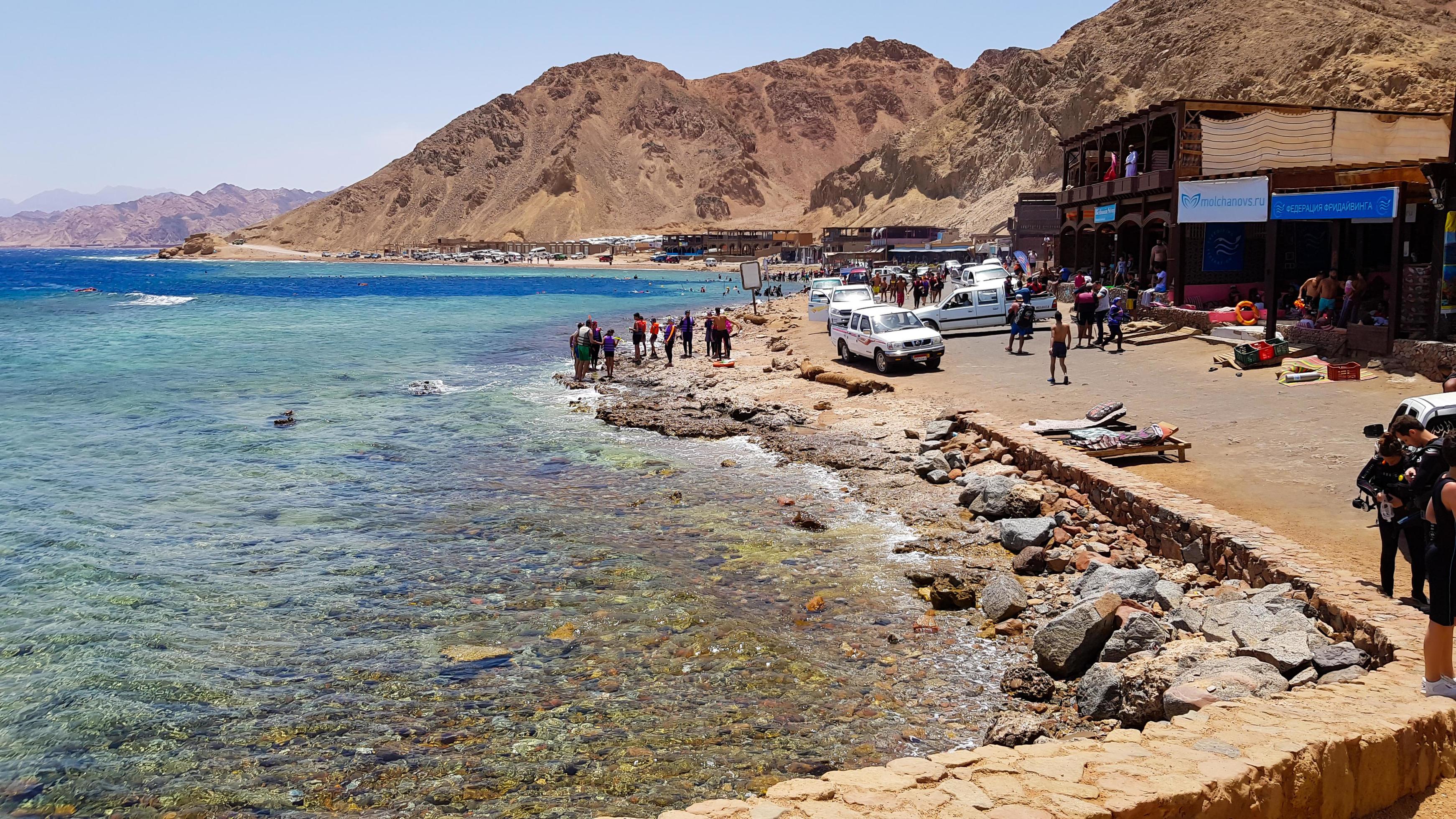 Egypt, Dahab - June 20, 2019. South Sinai. Dahab Village on the Sea. Tourists relax on the Red Sea. Beautiful coast of the Red Sea in the city of Africa.