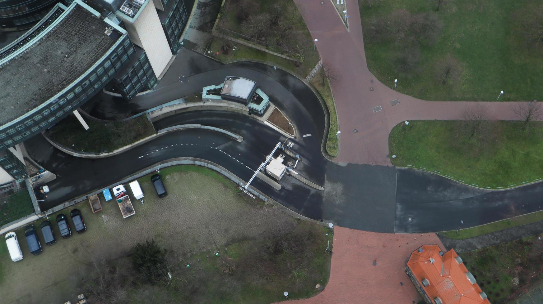 Dusseldorf, Germany - February 20, 2020. Scenic view of the city, the embankment of the Rhine river. Aerial view of a European city. Aerial view of a drone. Panorama. photo