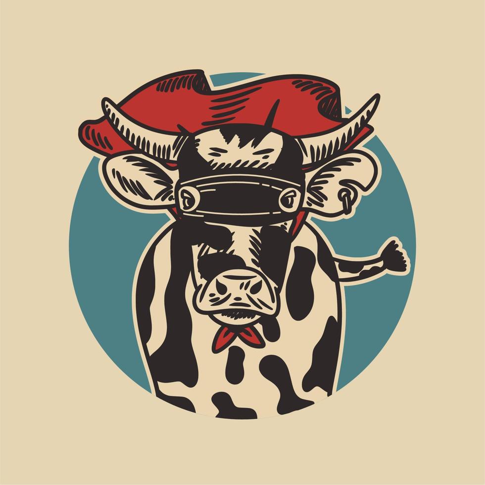 La vaca con una capa de superhéroe y una venda en los ojos con una ilustración vintage de fondo de círculo azul vector