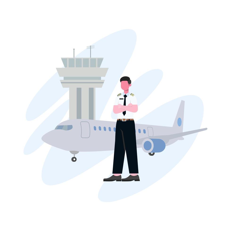 un piloto que estaba en el suelo del aeropuerto con un plano de fondo y una ilustración de diseño plano de la torre del aeropuerto vector