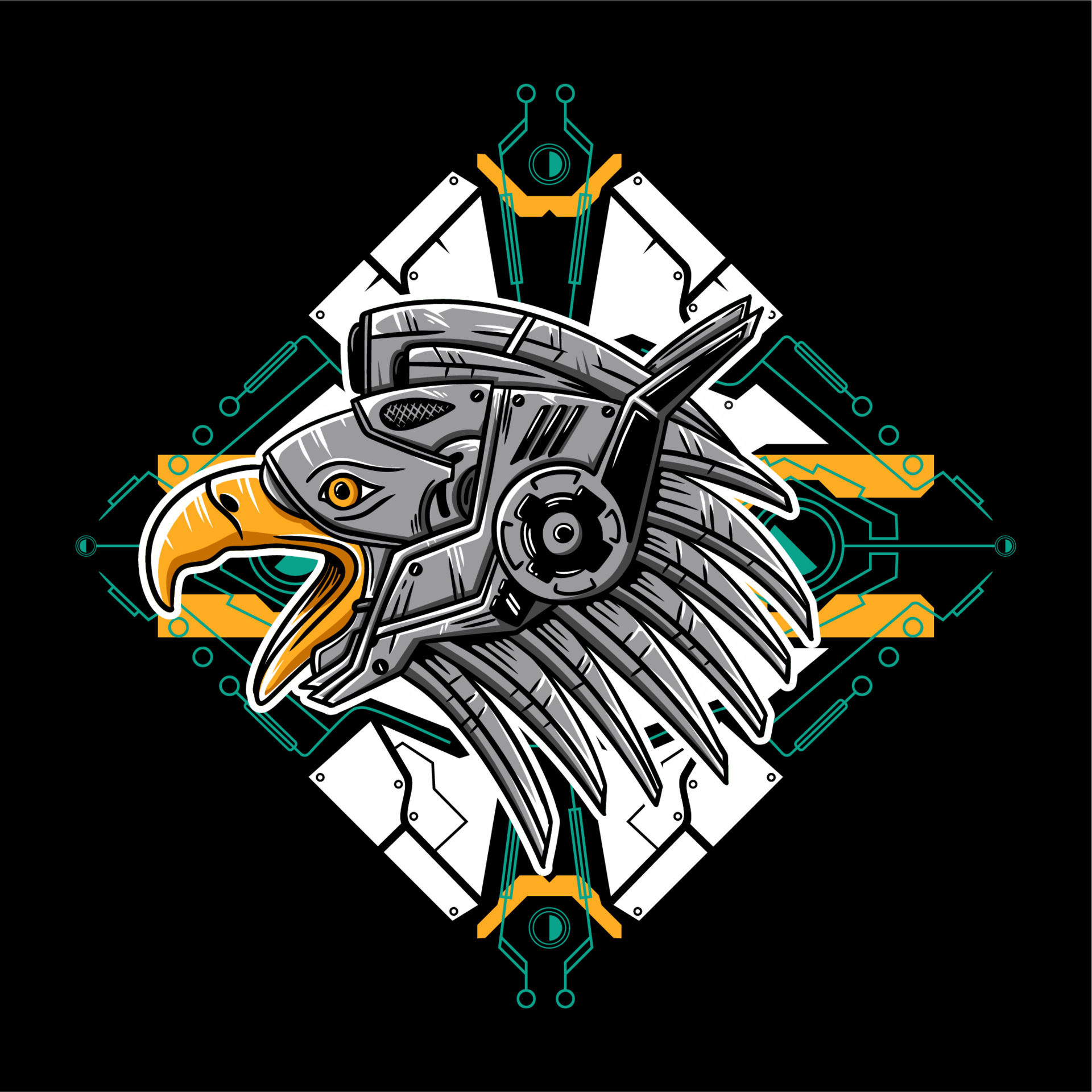 eagle head robot with a cyberpunk background vector illustration