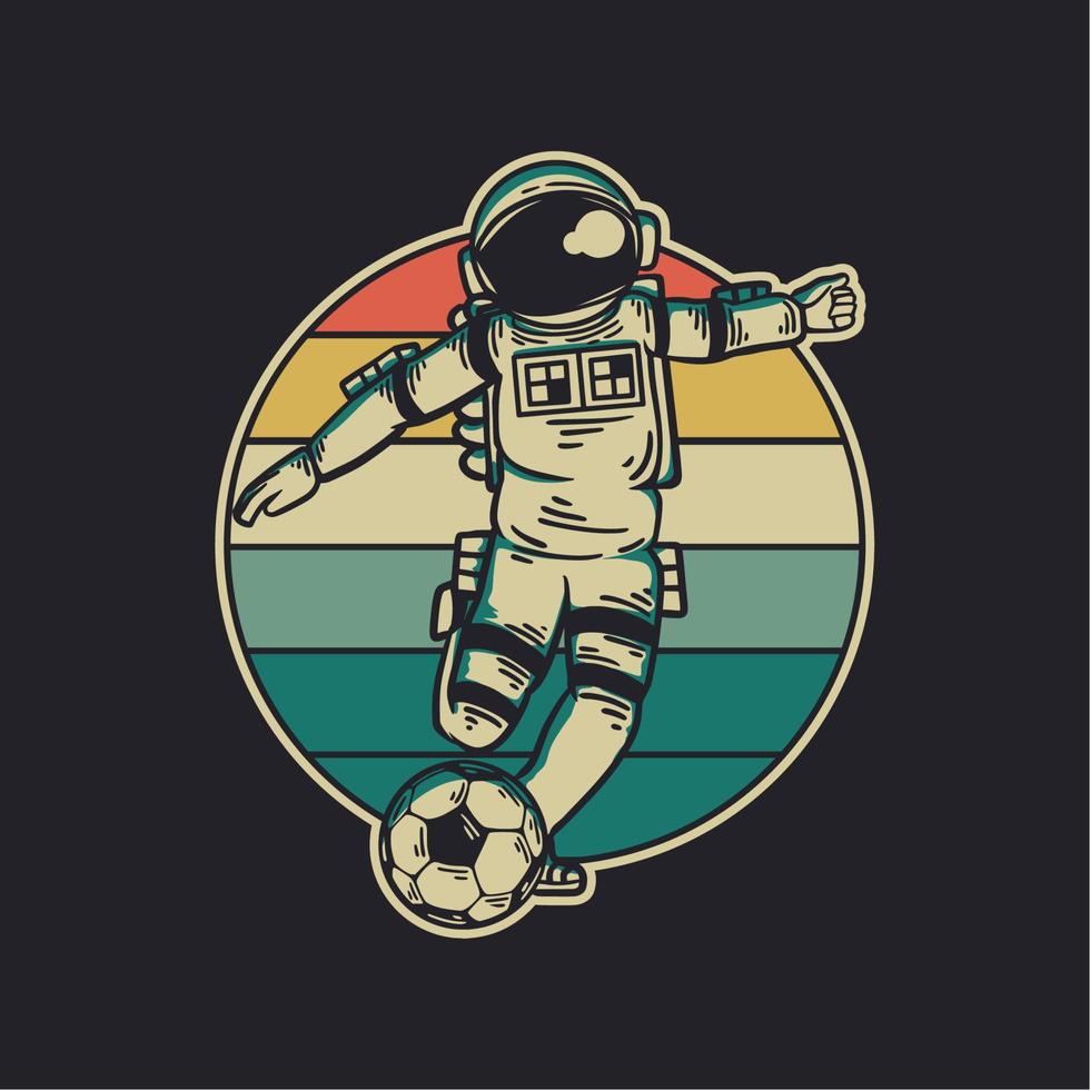 astronauta de diseño vintage jugando al fútbol ilustración vintage retro vector