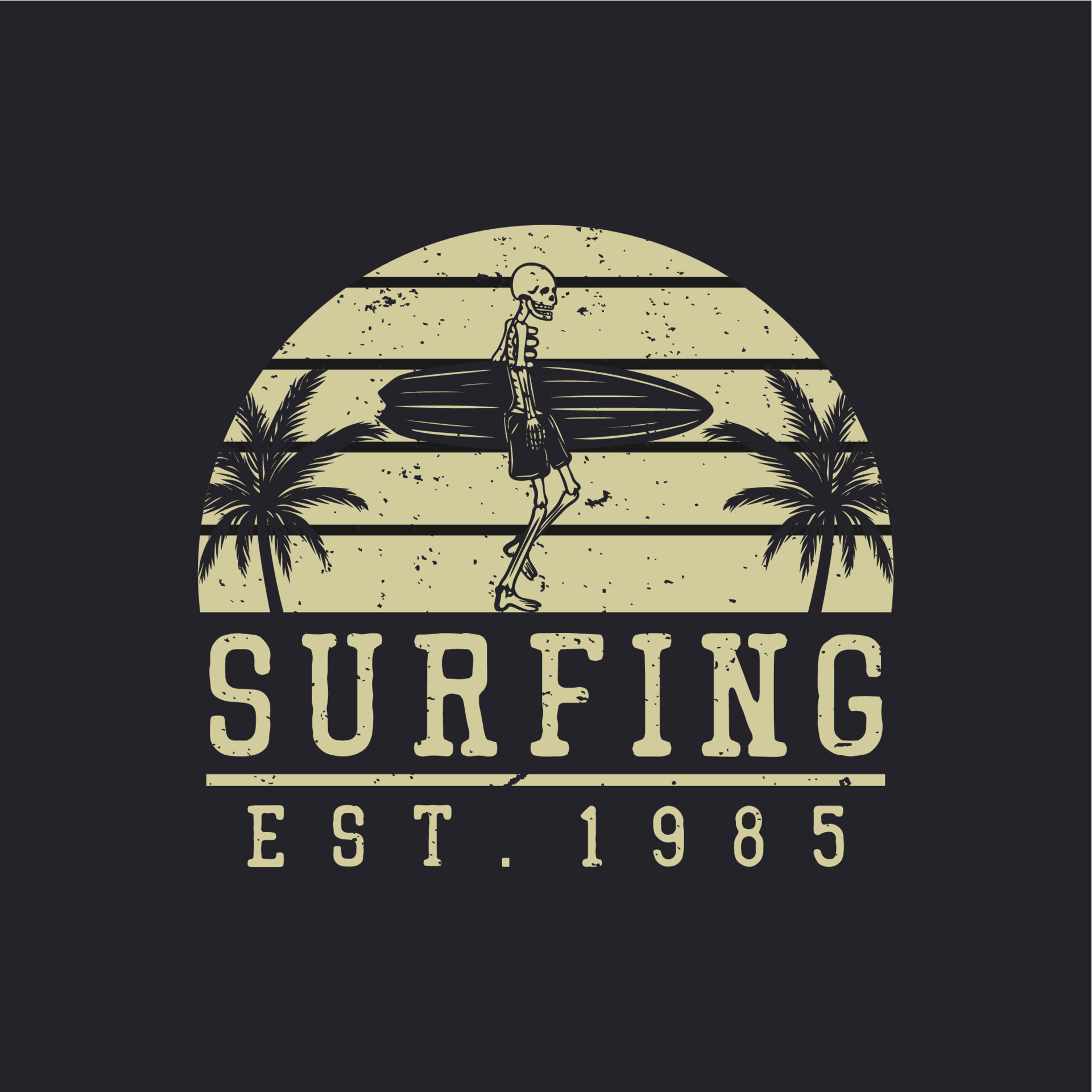 logo design surfing est 1985 with skeleton carrying surfing board ...