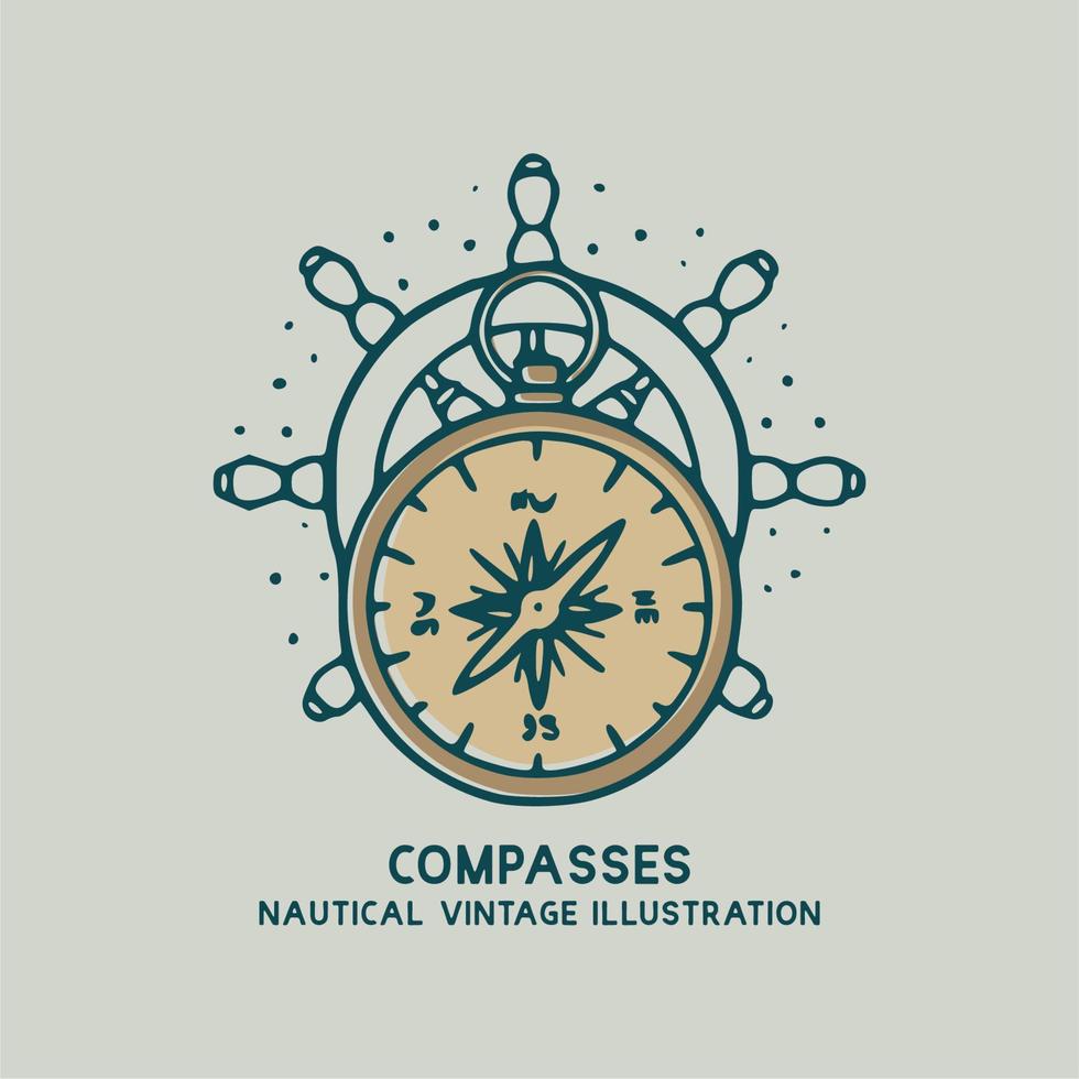 compasses with ship's wheel nautical vintage illustration vector