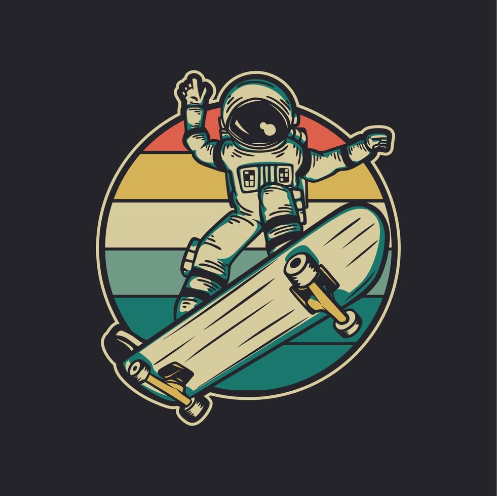 vintage design astronaut riding skateboard retro vintage illustration vector