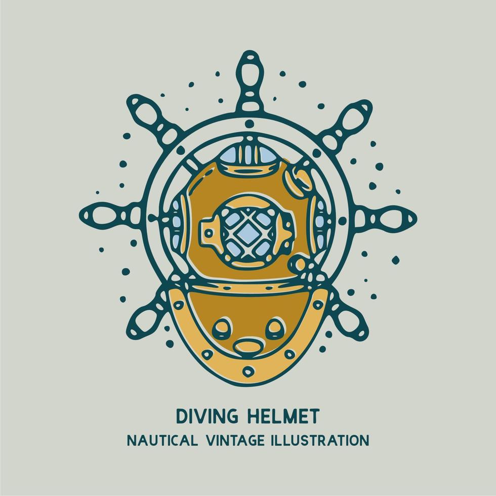 diving helmet crab with ship's wheel nautical vintage illustration vector