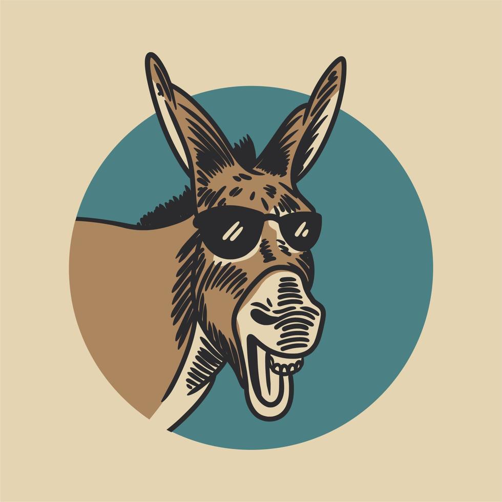 the donkey laughing and wearing glasses in the background of a blue circle vintage illustration vector