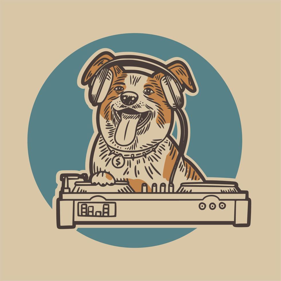 the dog wearing a headset and is playing a pioneer dj with a blue circle background vintage illustration vector