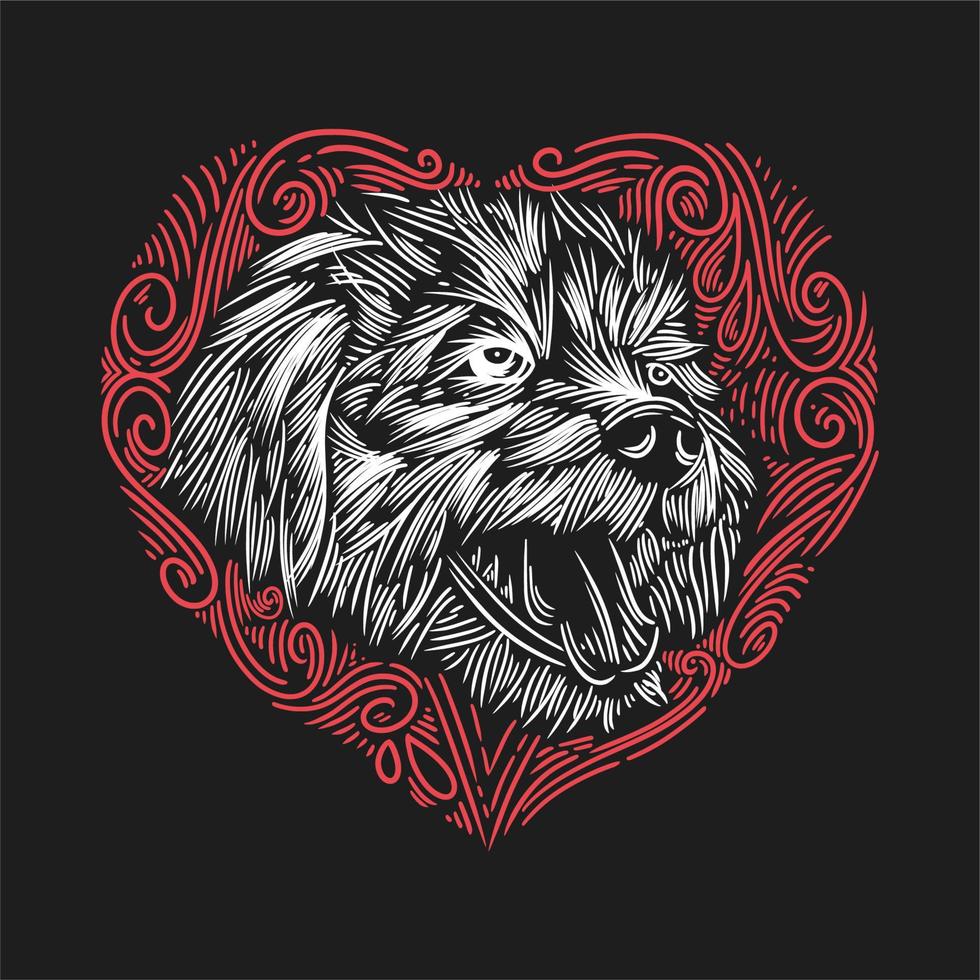 Ilustración vectorial cabeza de cachorro con un grabado de fondo de adorno de amor rojo vintage vector