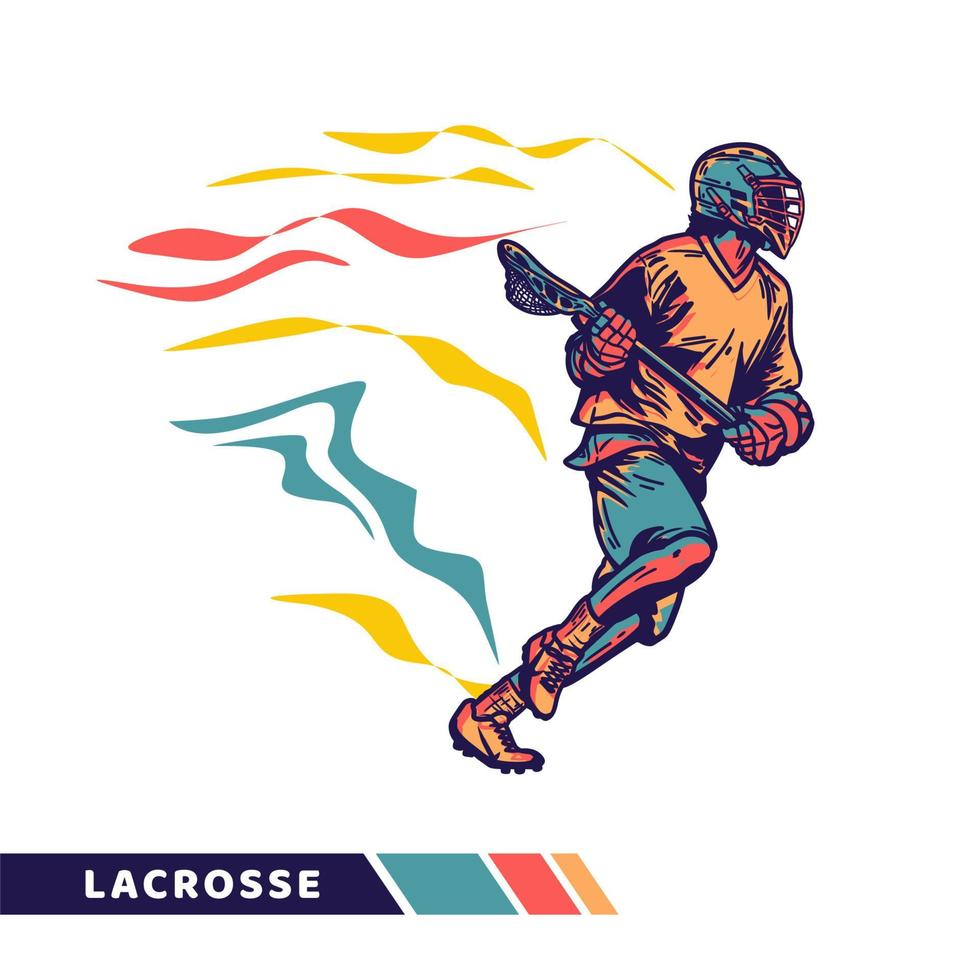 ilustración vectorial hombre corriendo y sosteniendo el palo de lacrosse cuando juega lacrosse con ilustraciones vectoriales en color de movimiento vector