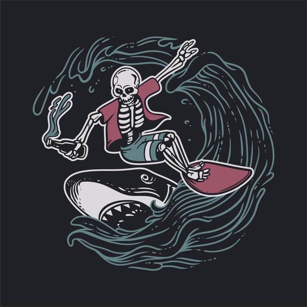 vintage design skeleton doing surfing while holding beer bottle with shark and black background vintage illustration vector