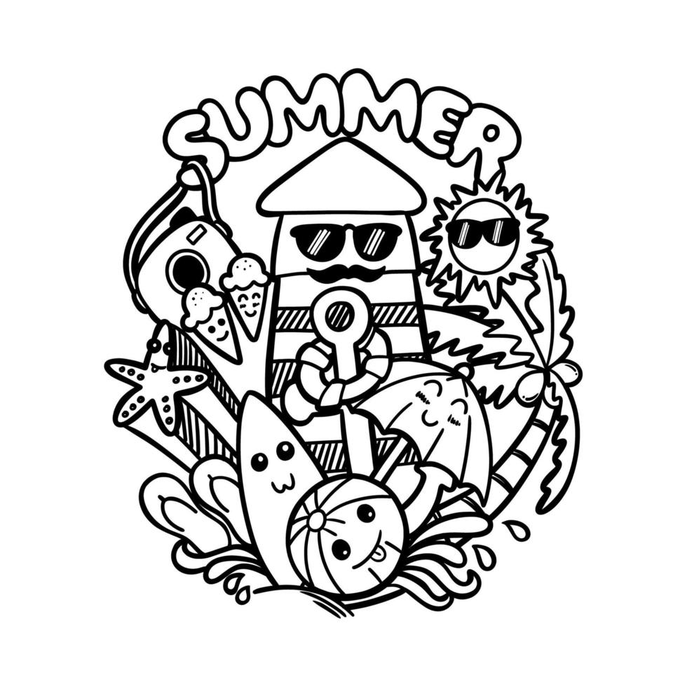 doodle art summer illustration with balls, surfboards, anchors, buoys, sandals, umbrellas, starfish, ice cream, cameras, watchtowers on the beach, sun, coconut trees vector