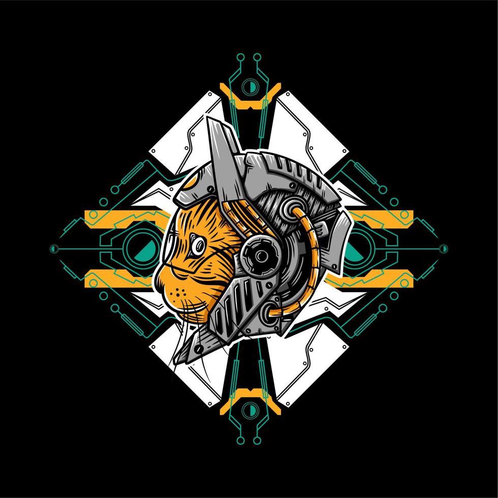 robot cat head with a cyberpunk background vector illustration