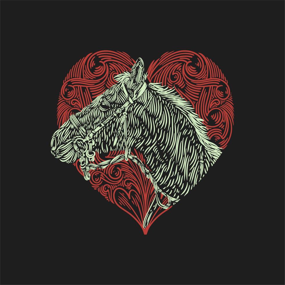 ilustración vectorial cabeza de caballo con un fondo de adorno rojo amor grabado vintage vector