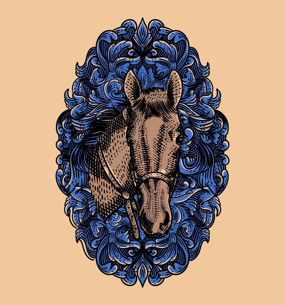 Ilustración vintage cabeza de caballo sobre un fondo de estilo de grabado de adornos azules vector