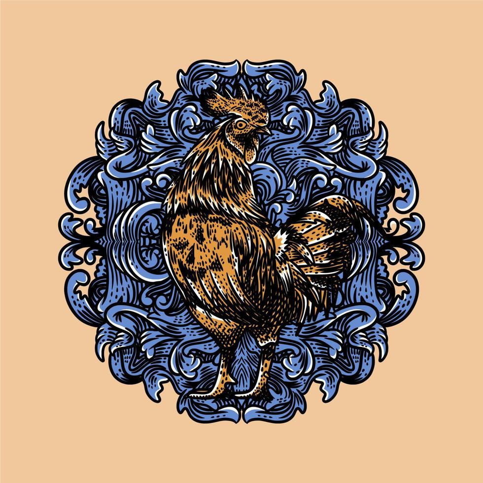 gallos de ilustración vintage con estilo de grabado de fondo de adorno azul vector