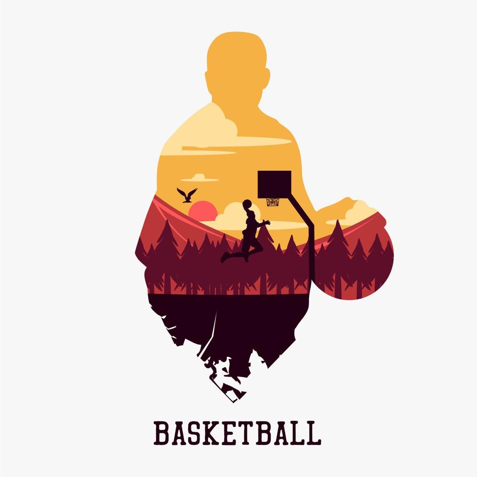 vector illustration man doing slam dunk when playing baseball with scenery flat illustration