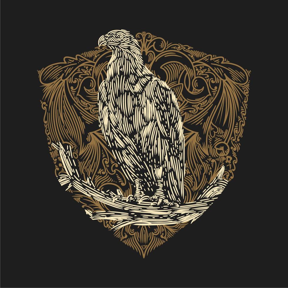 vector illustration the eagle perched down with a background of ornament shield vintage engraving