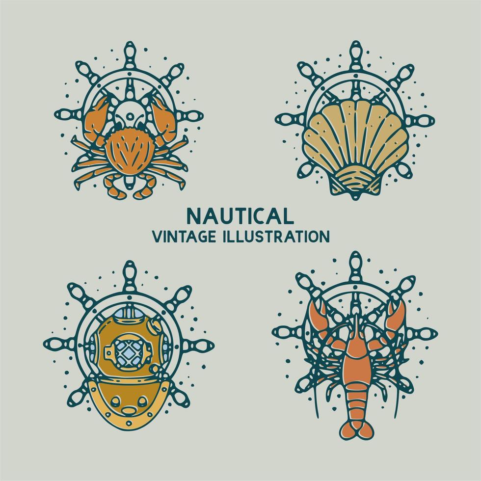 crabs, shellfish, shrimp and diver helmets nautical vintage illustration vector