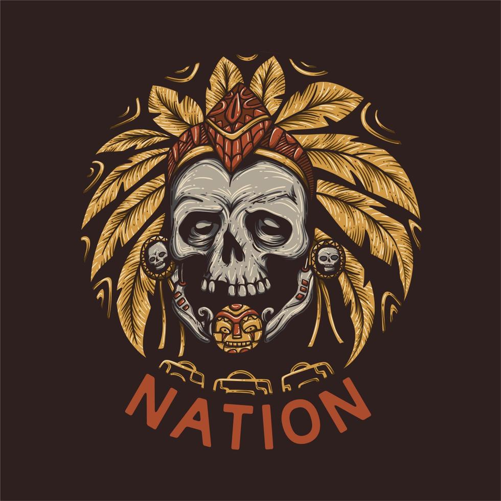 t shirt design nation with skull of head chief and brown background vintage illustration vector