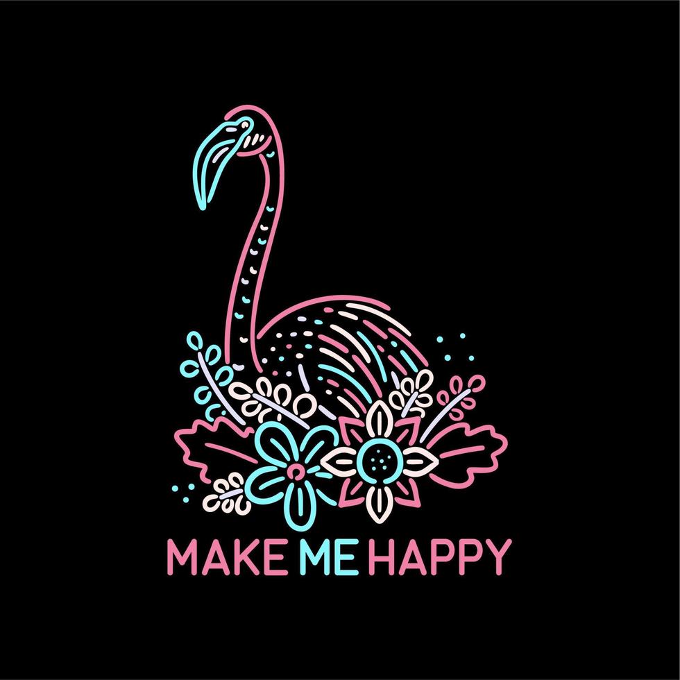 flamingo and flowers colorful vintage retro animal design make me happy vector