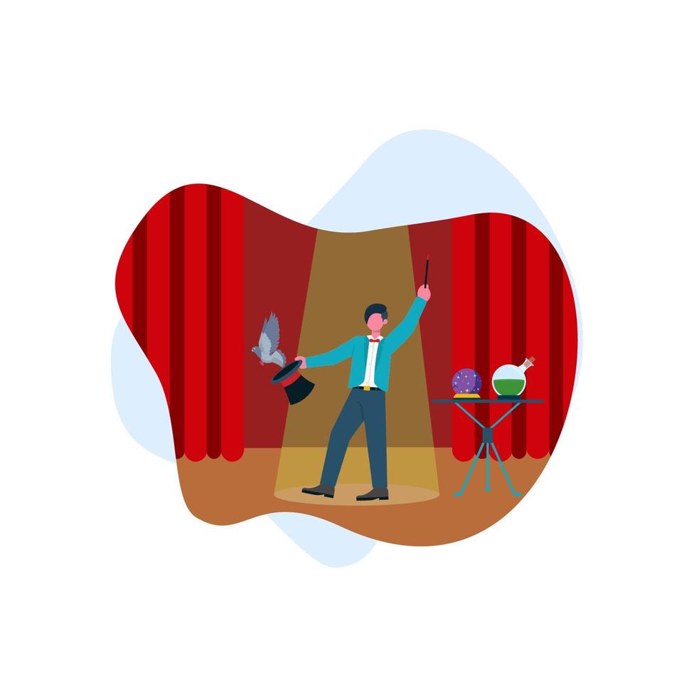 the magician performs on stage with a hat and dove flat design illustration vector