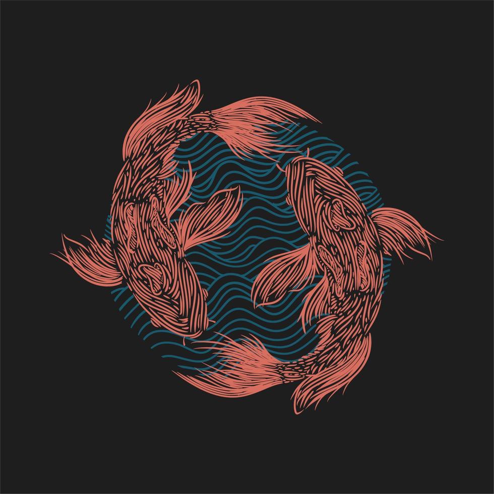 Ilustración de vector de peces koi con un círculo azul adorno de fondo vintage grabado