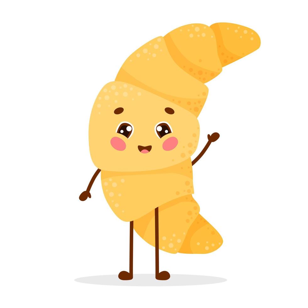 Cute cartoon character croissant standing happy and waving. Vector illustration isolated on white background.