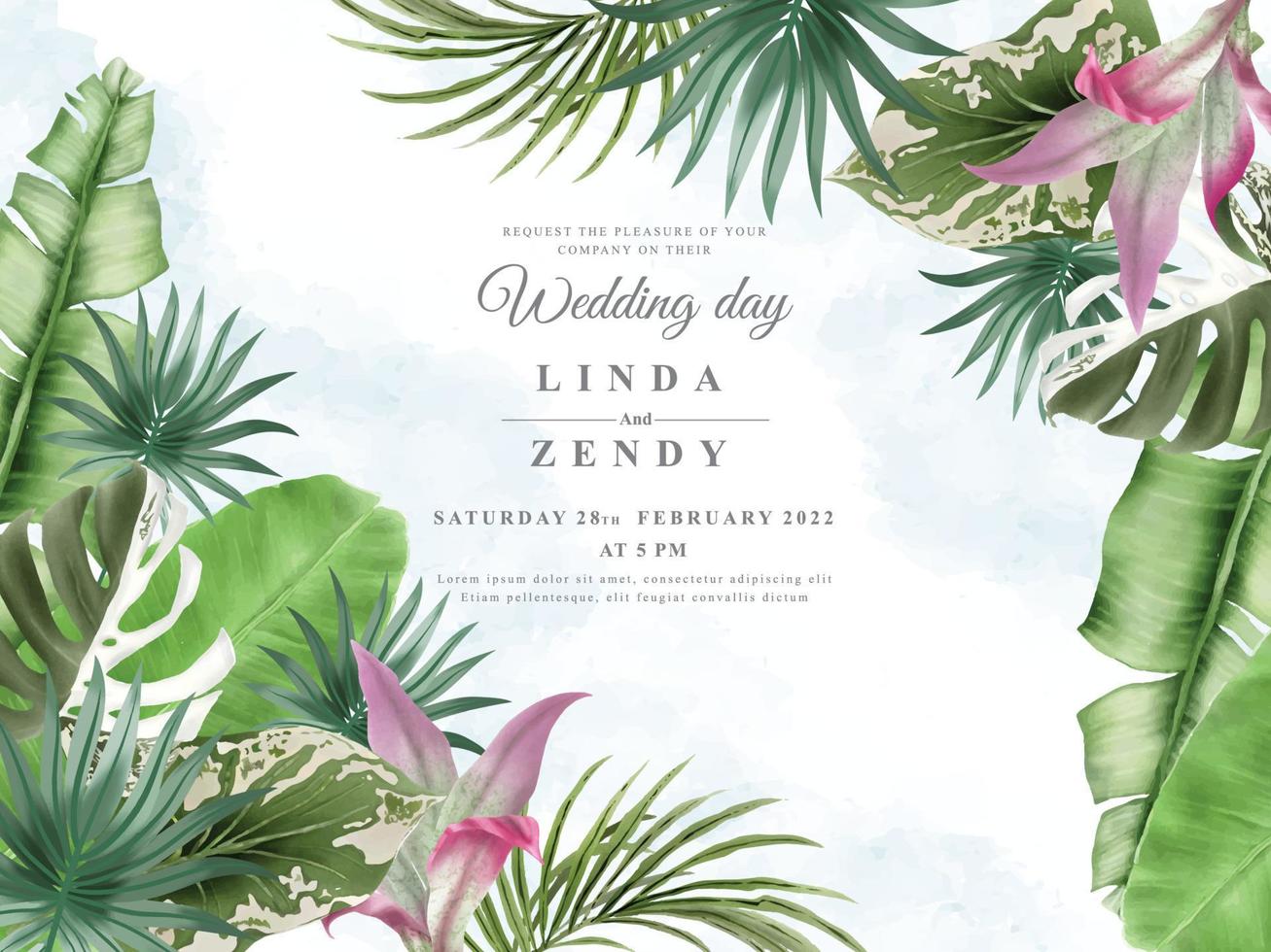 hermosa plantilla de invitación de boda floral tropical vector